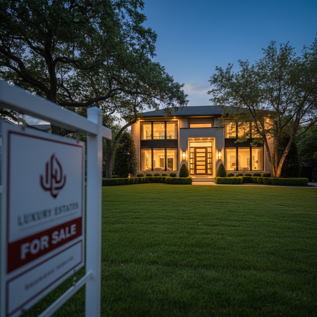 Luxury suburban home at twilight with For Sale sign